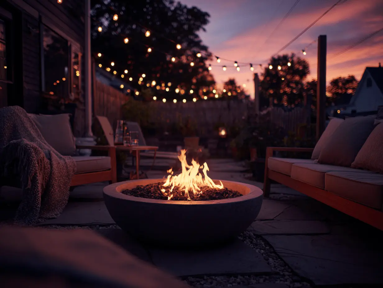Backyard fire pit scene with string lights, soft seating, and warm glow after sunset