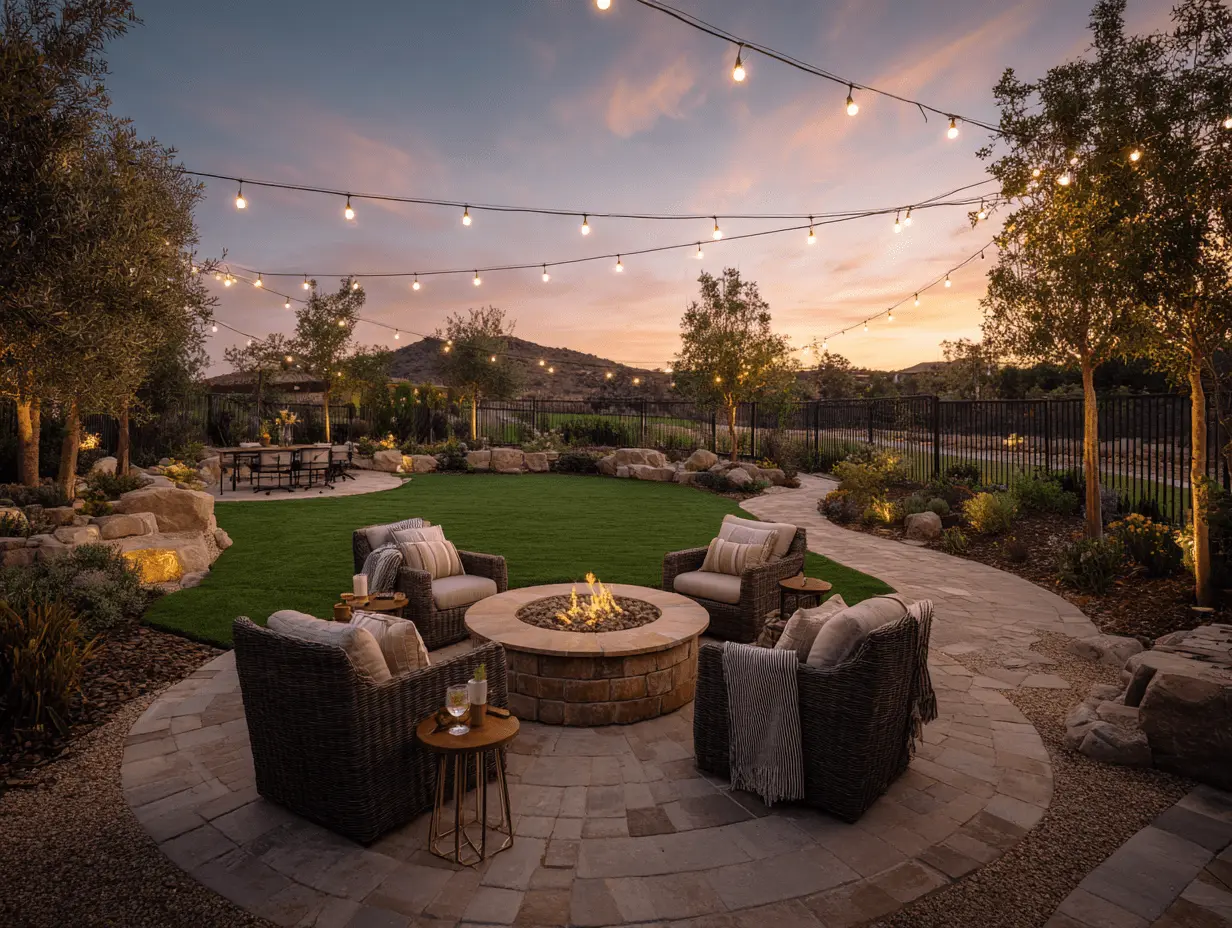 Small backyard fire pit setup with chairs, string lights, and layered outdoor textures
