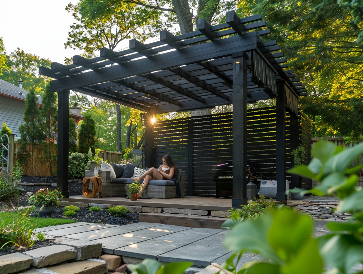 Modern gazebo ideas showcased in contemporary backyard setting with clean aluminum frame and polycarbonate roof - transform your outdoor space today