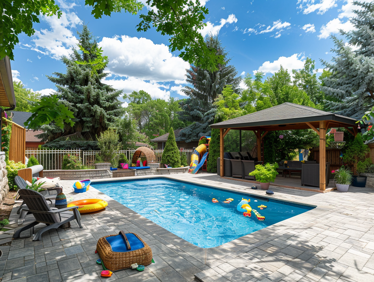 Pool gazebo ideas featuring waterside structure with moisture-resistant materials and open design - transform your pool area into resort-style luxury