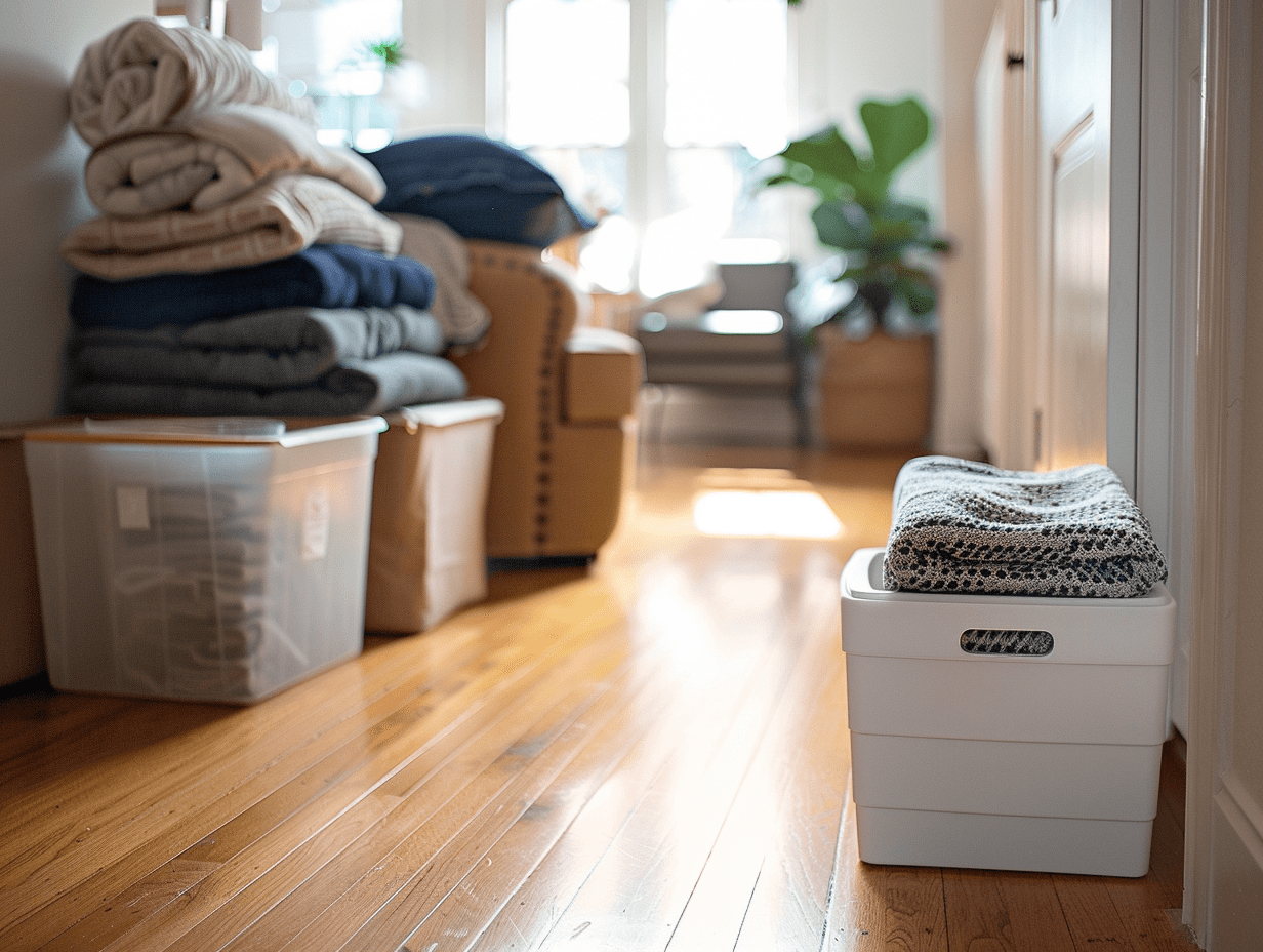 Hallway with storage bins, decluttering the house