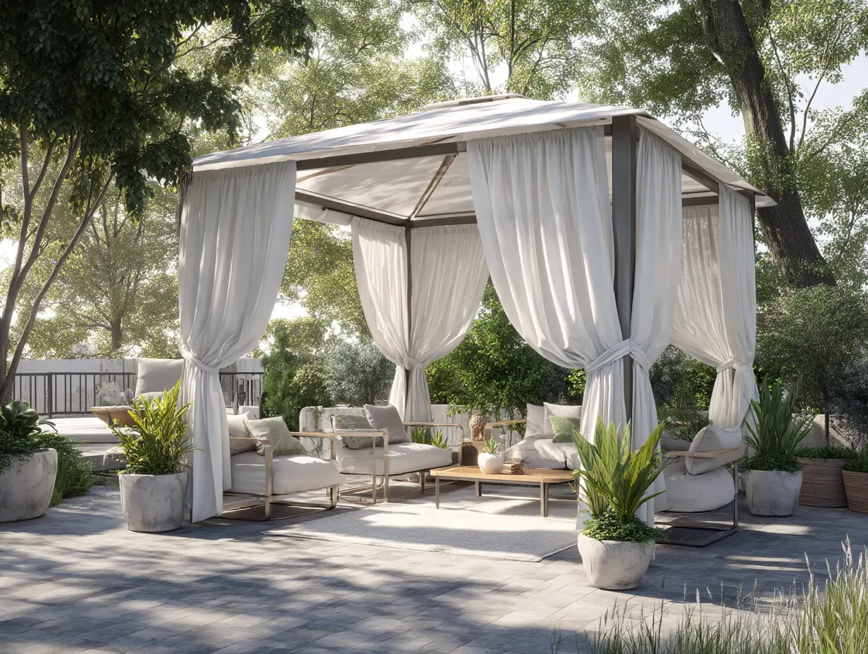Gazebo with flowing curtain panels tied back, framed by trees and soft sunlight for a breezy, private outdoor escape