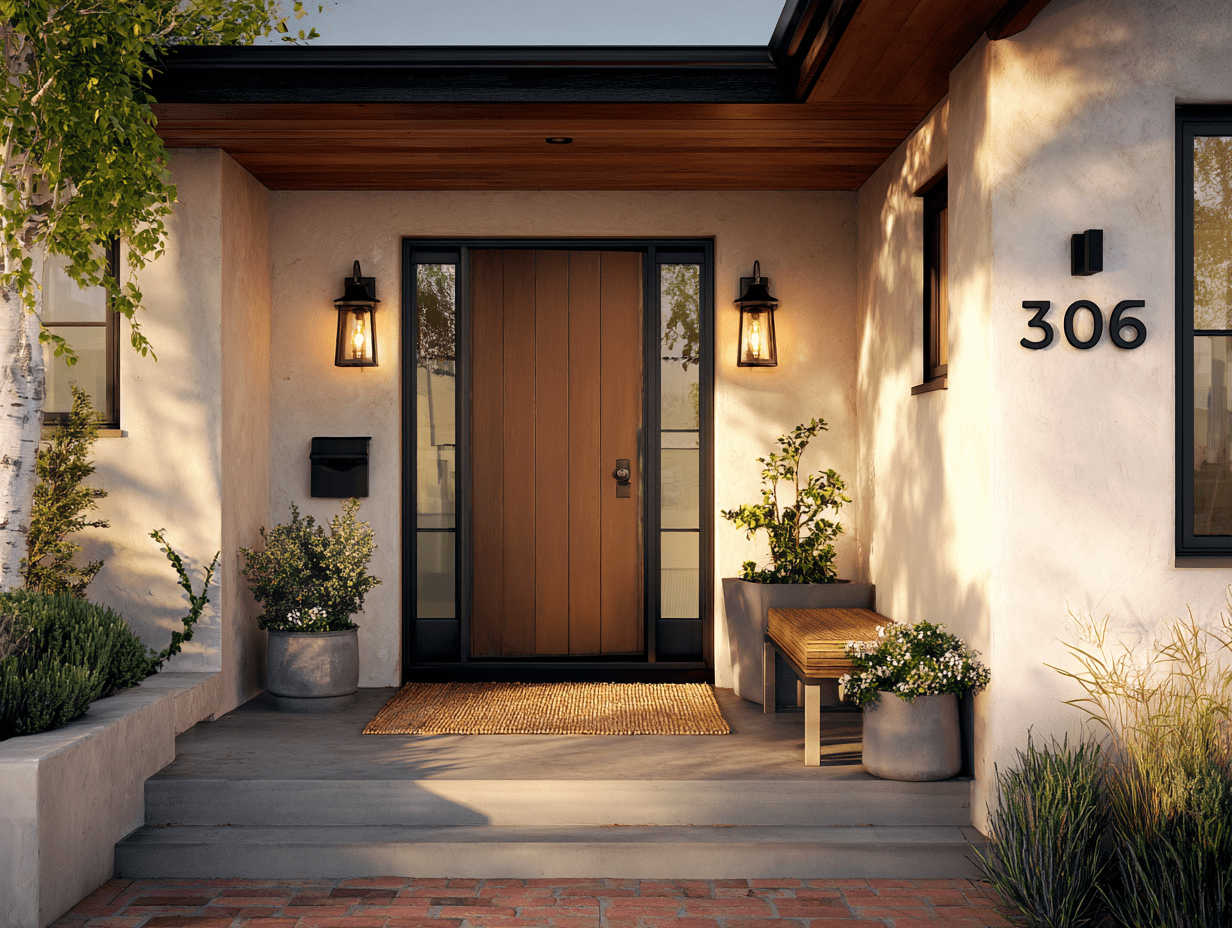 Front yard decor ideas with bold address numbers, a painted front door, and a layered doormat for added visual interest