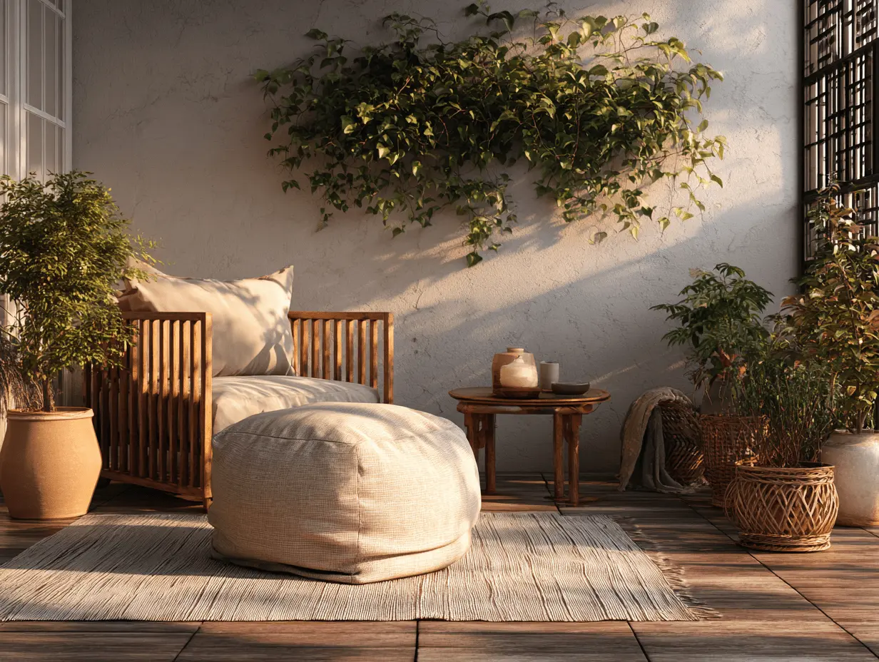 Styled patio corner with pouf, outdoor rug, planter wall, and soft lighting at sunset