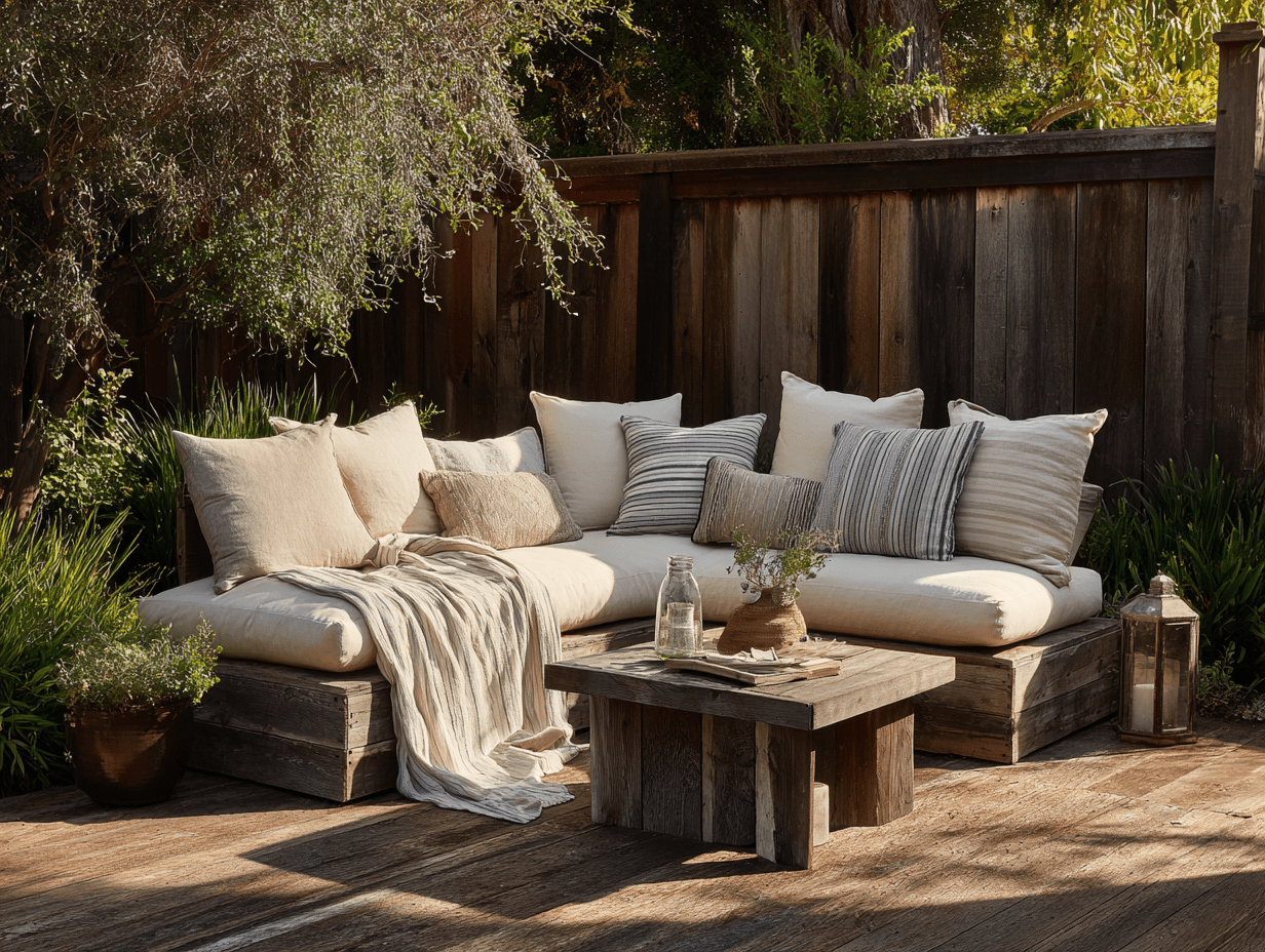 A small backyard styled with lanterns, neutral textiles, and layered pillows for a cozy, intimate feel.