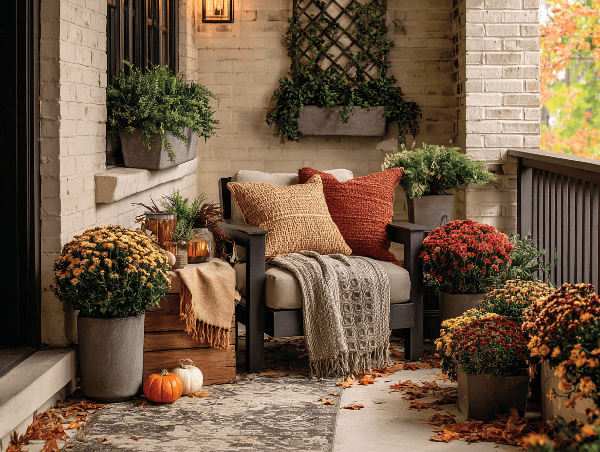 Small front yard with compact porch seating, layered planters, and vertical greenery for added depth.