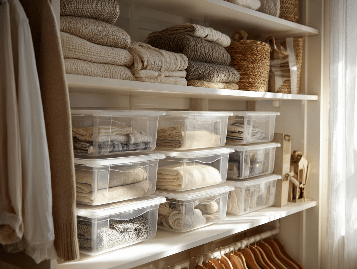 Clear stackable bins inside a cabinet with items neatly sorted by category — visible, tidy, and totally manageable.