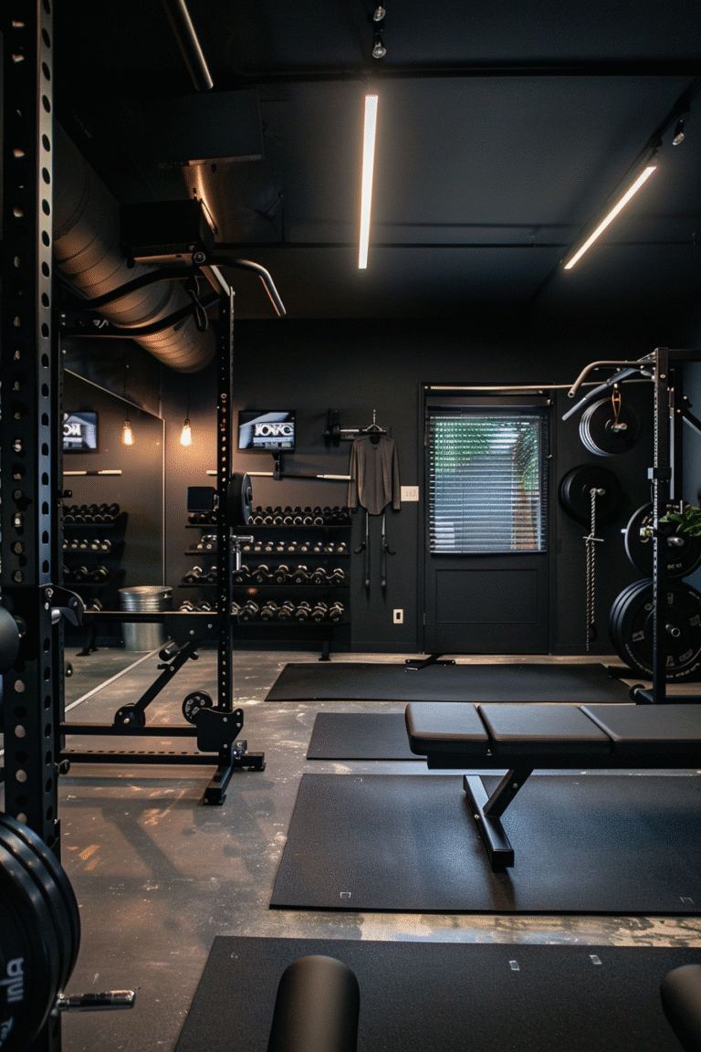 Black garage gym ideas showcasing sleek design and organized equipment - create your badass home gym space