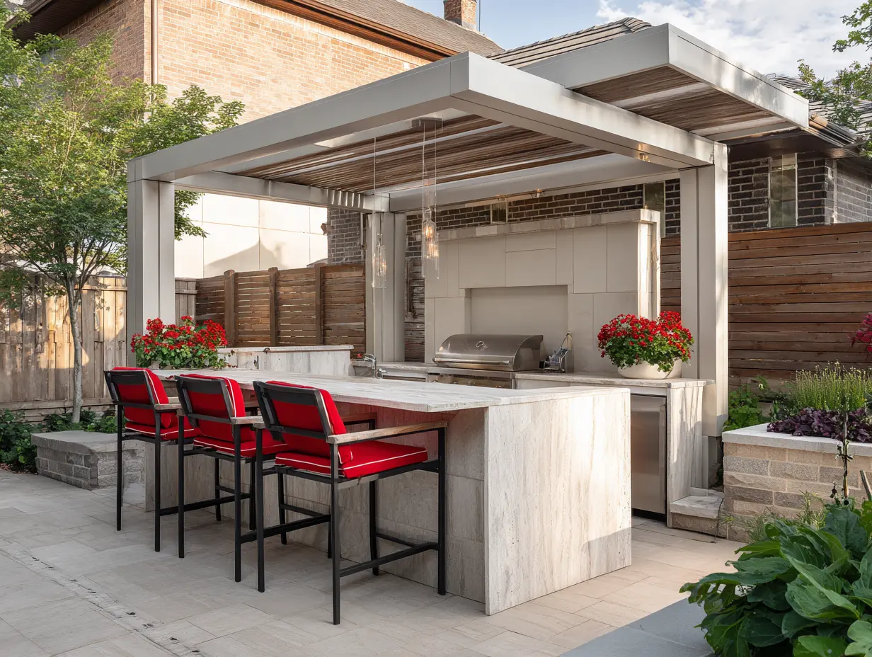 Small backyard outdoor kitchen layout with grill cart, prep station, and shaded pergola, designed for casual entertaining.