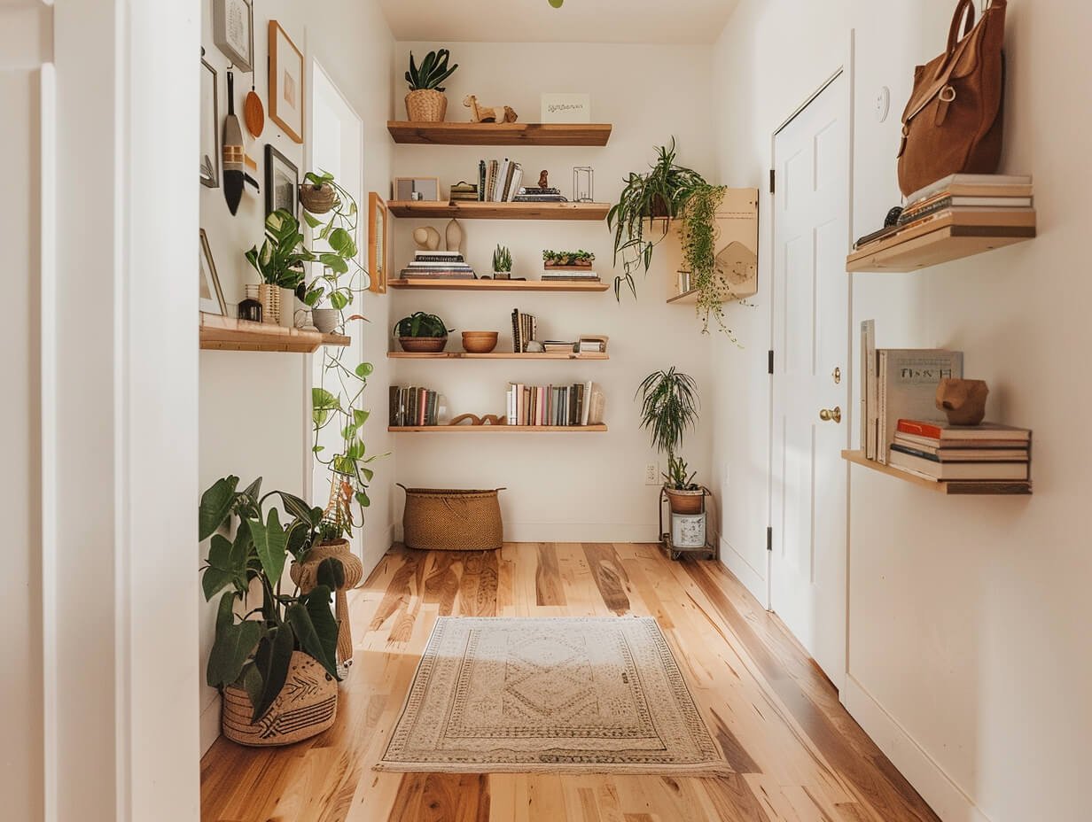 Small hallway with floating shelves and over-the-door organizer rack used for storage and display