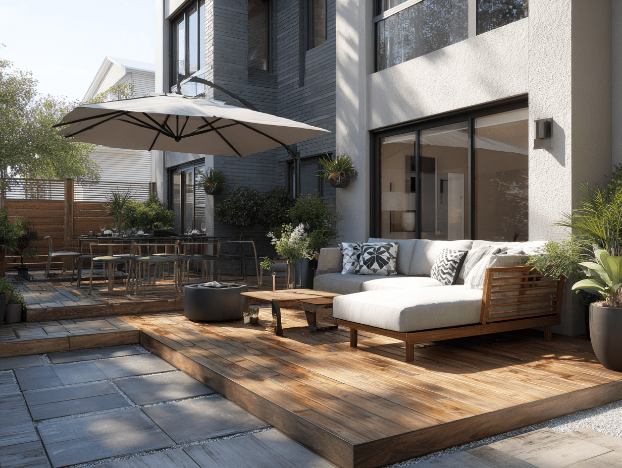 Small townhouse backyard patio with wood deck tiles and pavers layered beneath modern outdoor furniture.