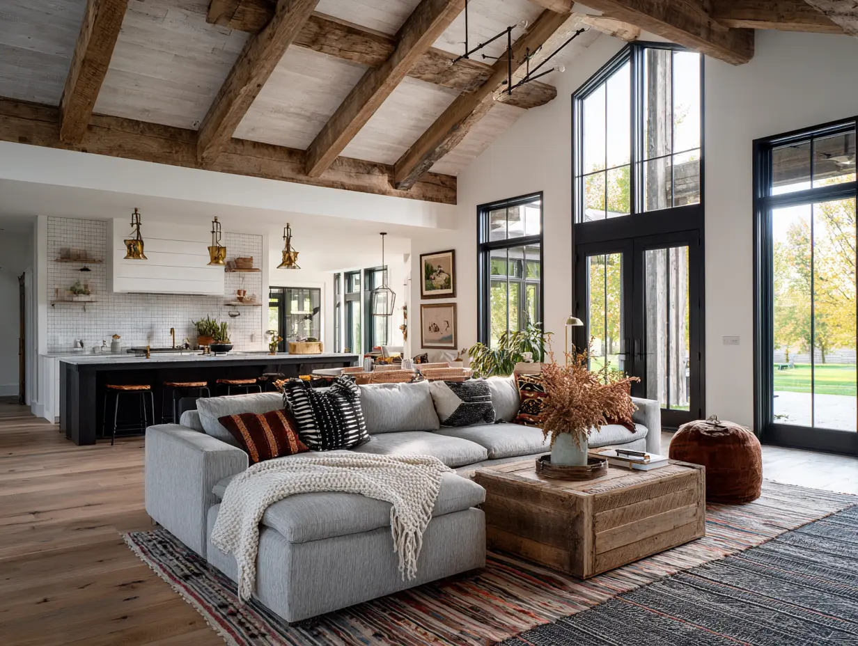 Spacious barndominium interior with high ceilings, large windows, and cozy layered decor including rugs, throws, and warm lighting, styled in a modern rustic farmhouse aesthetic.