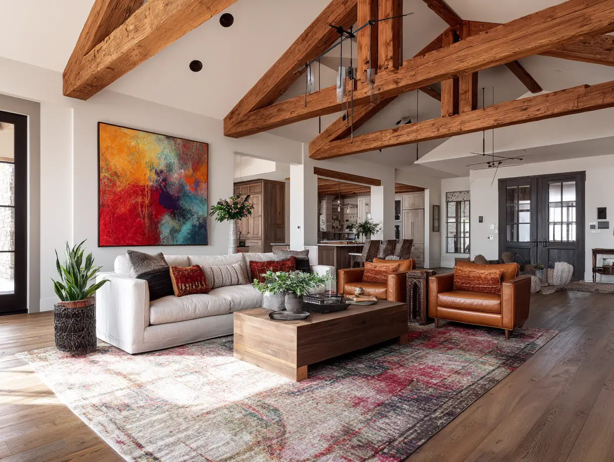 Spacious barndominium living room styled with modern country interior design—large wool area rug, clean-lined sofa, rustic beams, oversized art, and leather armchair adding warmth to the expansive open space.