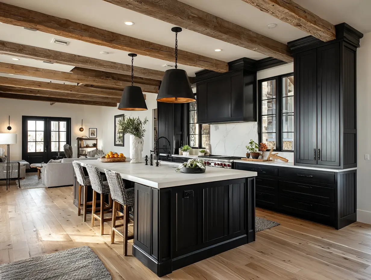 Warm and stylish barndominium kitchen—matte black farmhouse pendant lights over island, shaker cabinets, quartz counters, bar stools, and rustic wood beams softening the modern finishes.