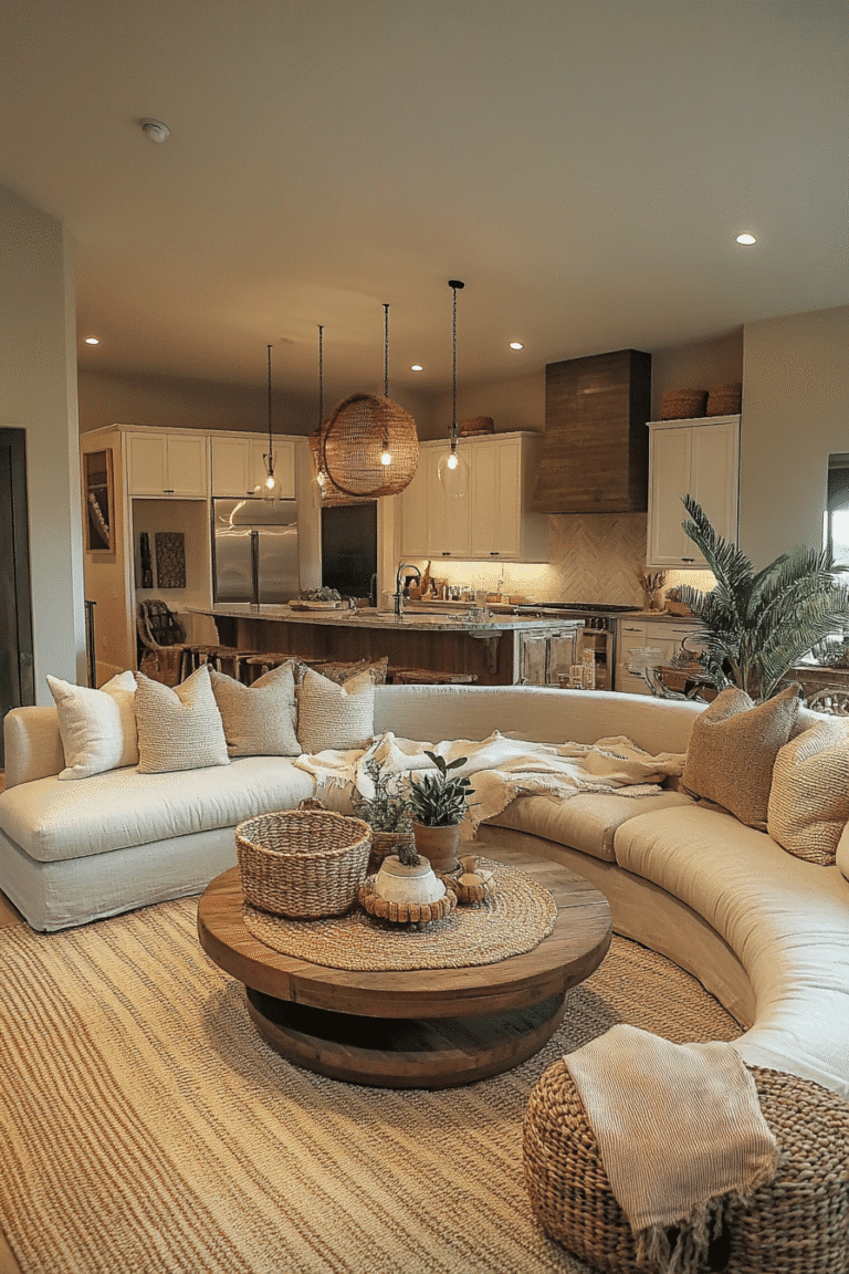 Living room decor trends 2025 – Save this cozy curved sofa and textured decor look for inspiration!