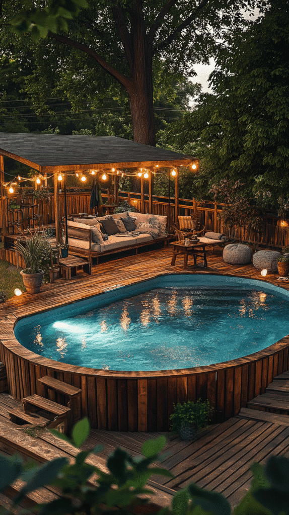 Functional and inviting above ground pool deck setup – save this layout for your next backyard project.