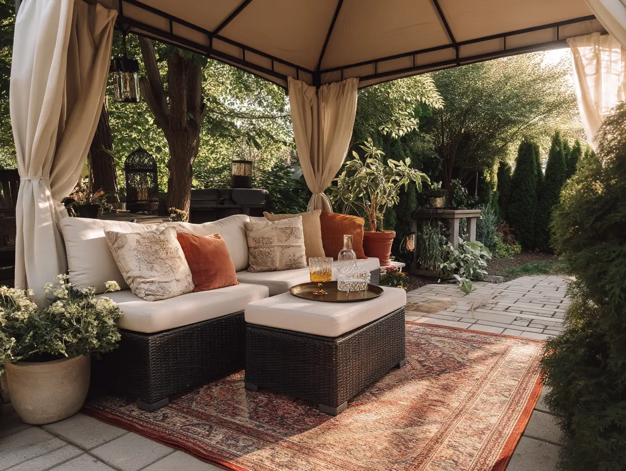 Backyard gazebo lounge with layered rug, throw pillows, drink tray, and hidden storage bench styled with plants and neutral tones