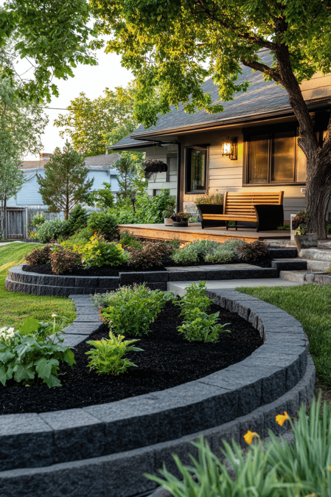 Front yard landscaping ideas with raised planters, stone edging, and cozy lighting – Pin this curb appeal upgrade for later!