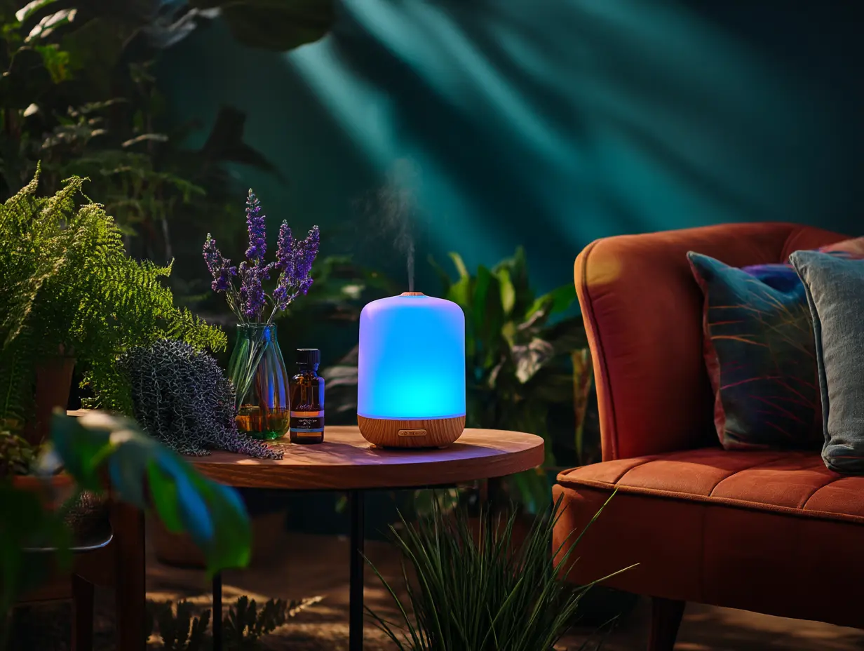 Ultrasonic diffuser on wooden side table with soft backlighting and greenery