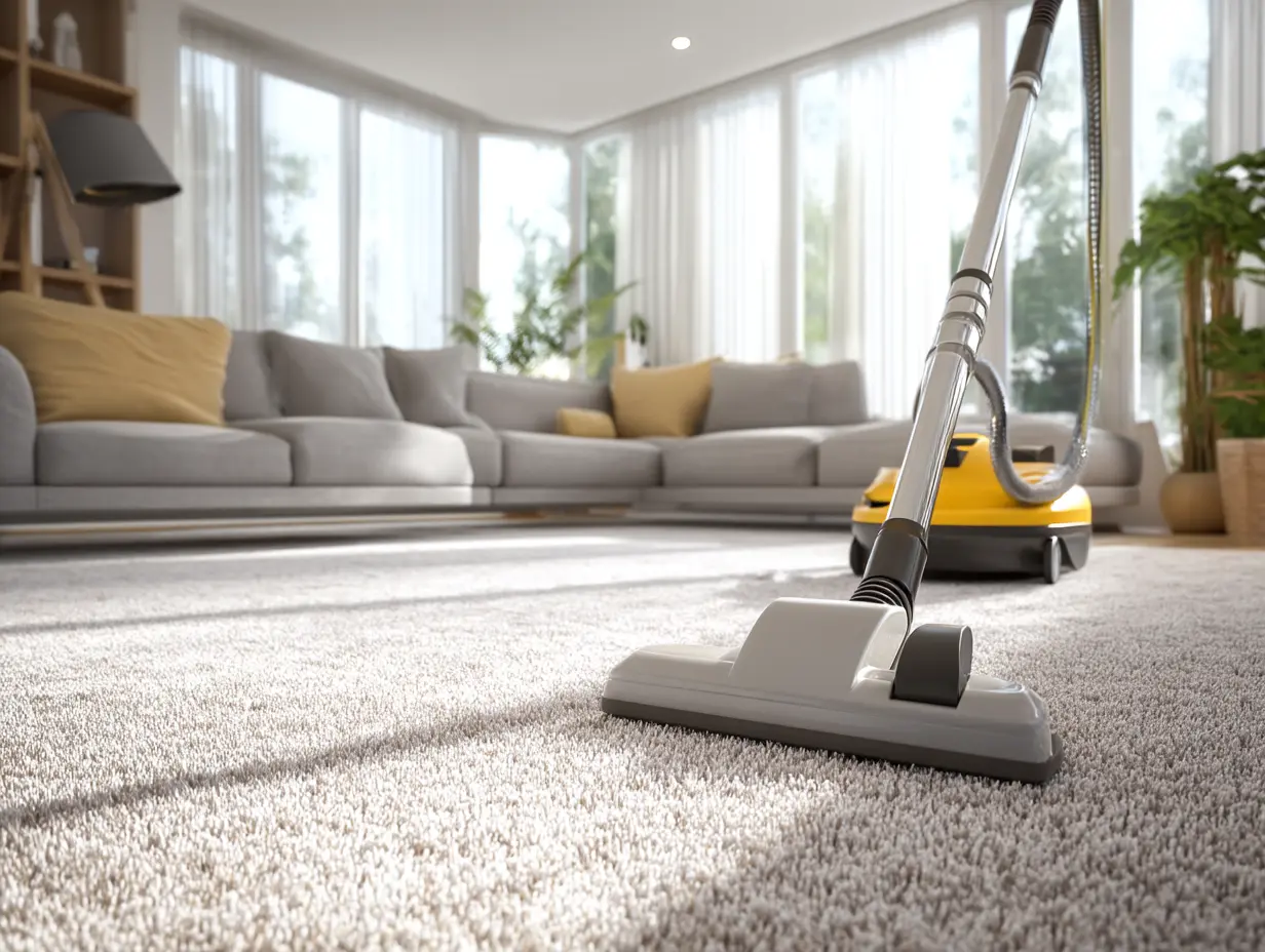 Home refresh: Vacuum deep cleaning a living room carpet with a rental steam cleaner