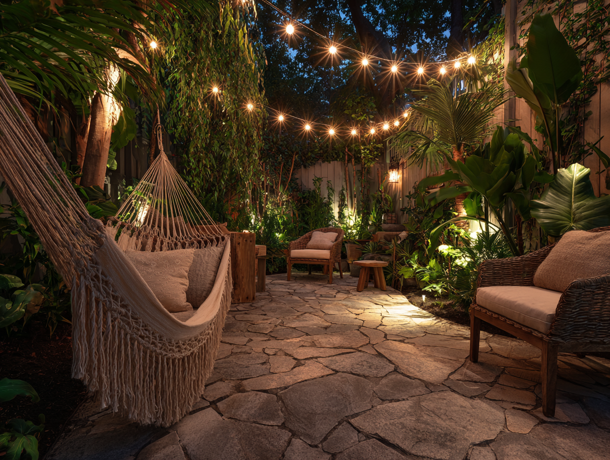 Backyard retreat with a woven hammock and soft pillows, glowing string lights overhead, natural stone patio, and lush tropical greenery — warm, inviting, and beautifully lived-in at twilight.