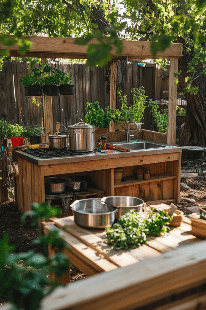 Backyard mud kitchen idea for kids – cozy, styled setup with wood tones and nature elements. Pin this playful outdoor space for later!