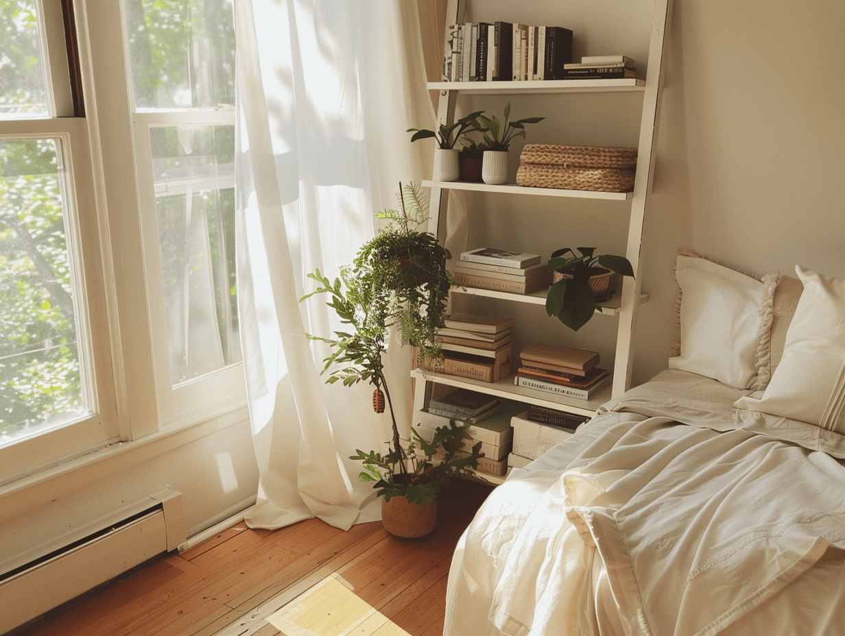 White leaning ladder shelf in a cozy bedroom decor setting, styled with books, plants, and neutral-toned accessories.