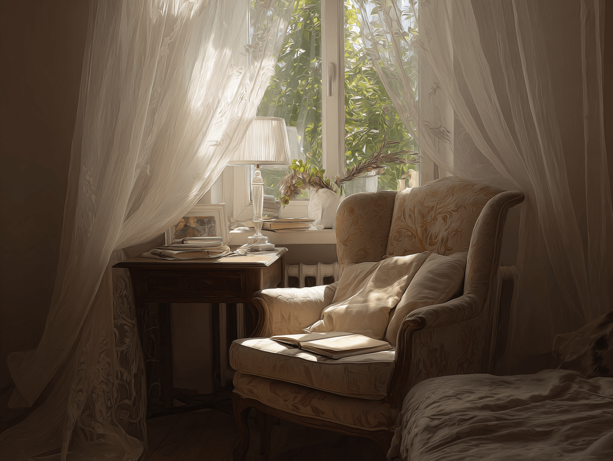 Cozy Small bedroom ideas with a corner styled with a curved mid-century chair, soft lighting, and a minimal side table.