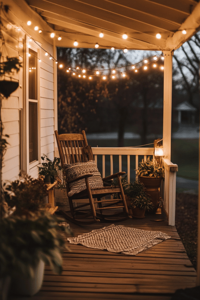 Cozy porch vibe on a budget with warm string lights — tap to save this front porch decor idea for later!
