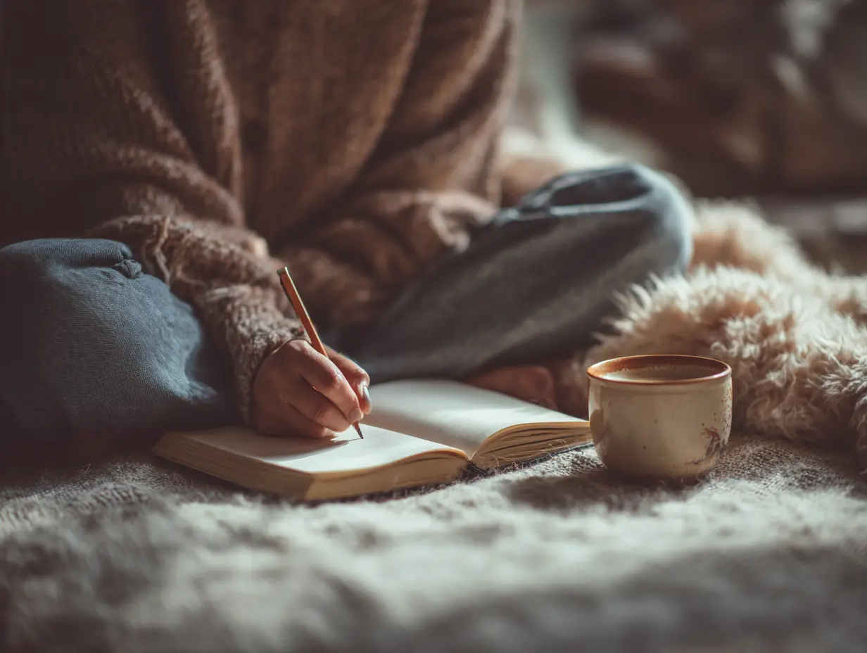 Woman writing in a journal with coffee beside her, beginning to find peace even when she still doesn’t fully know what to do with her life