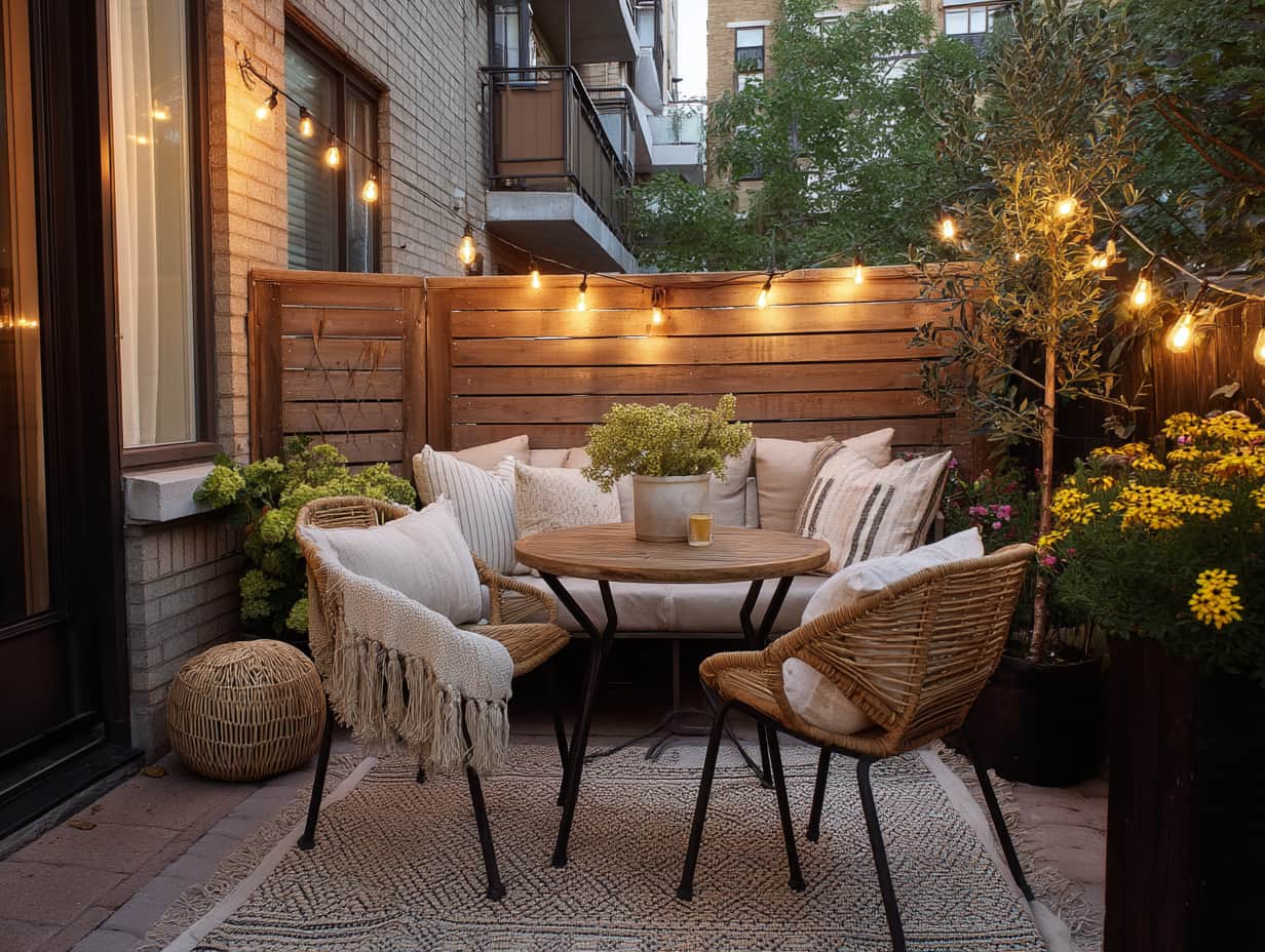 Cozy corner of a small backyard with a bistro table, privacy screen, and string lights.