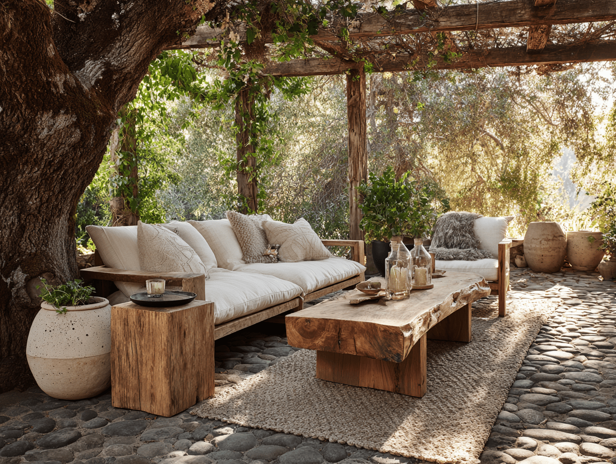 Backyard retreat featuring a live-edge wood table, potted plants, and stone pavers styled with natural textures for a grounded feel