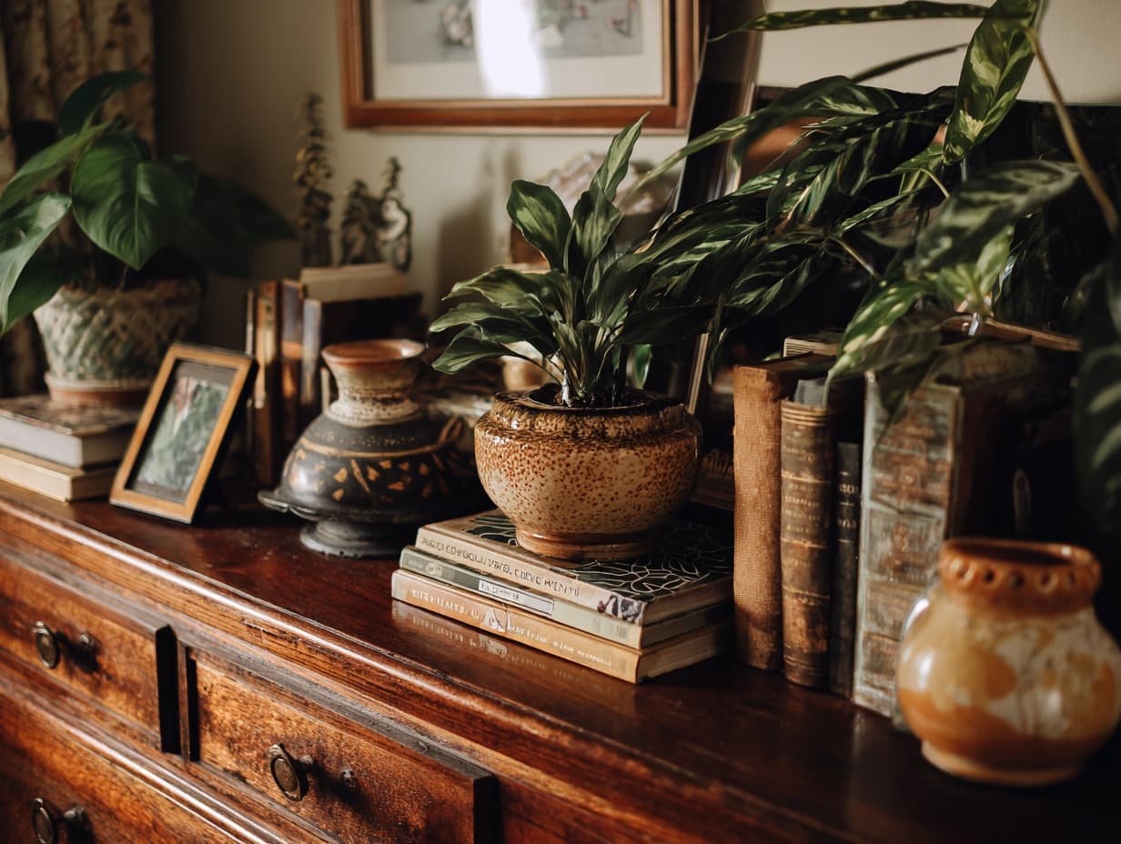 Bedroom with ceramic planters, vintage accents, and personal touches.