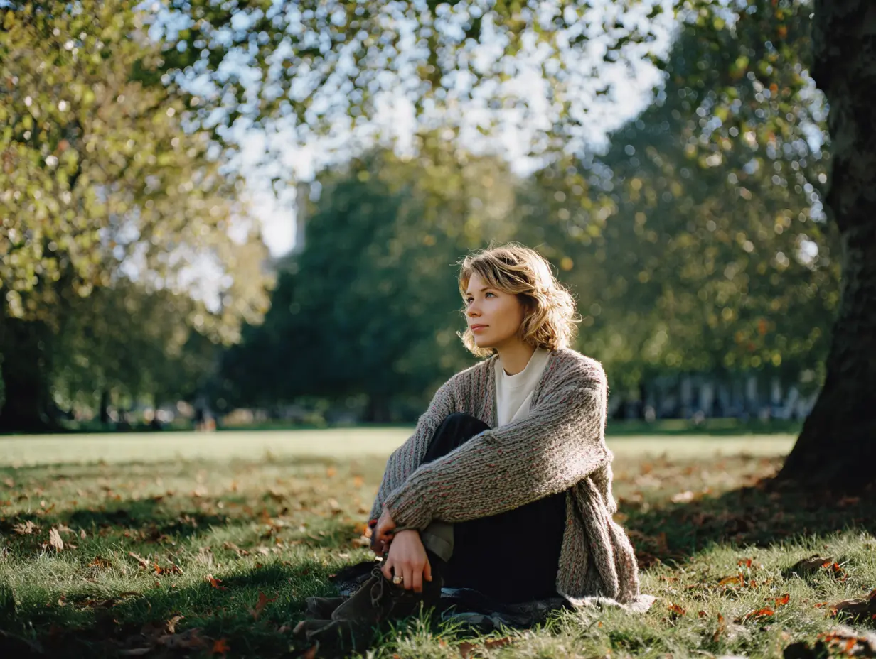 Midlife woman sitting alone on a park bench, hands in her lap, thinking deeply about why she feels lost and doesn’t know what to do with her life