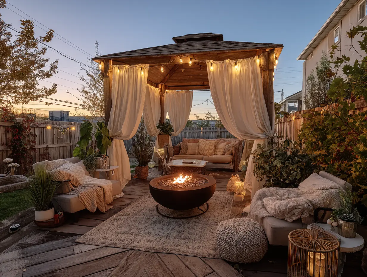 Gazebo with a firepit. Elevated backyard retreat featuring a styled gazebo with string lights, plush seating, soft curtains, fire pit, and decorative plants.
