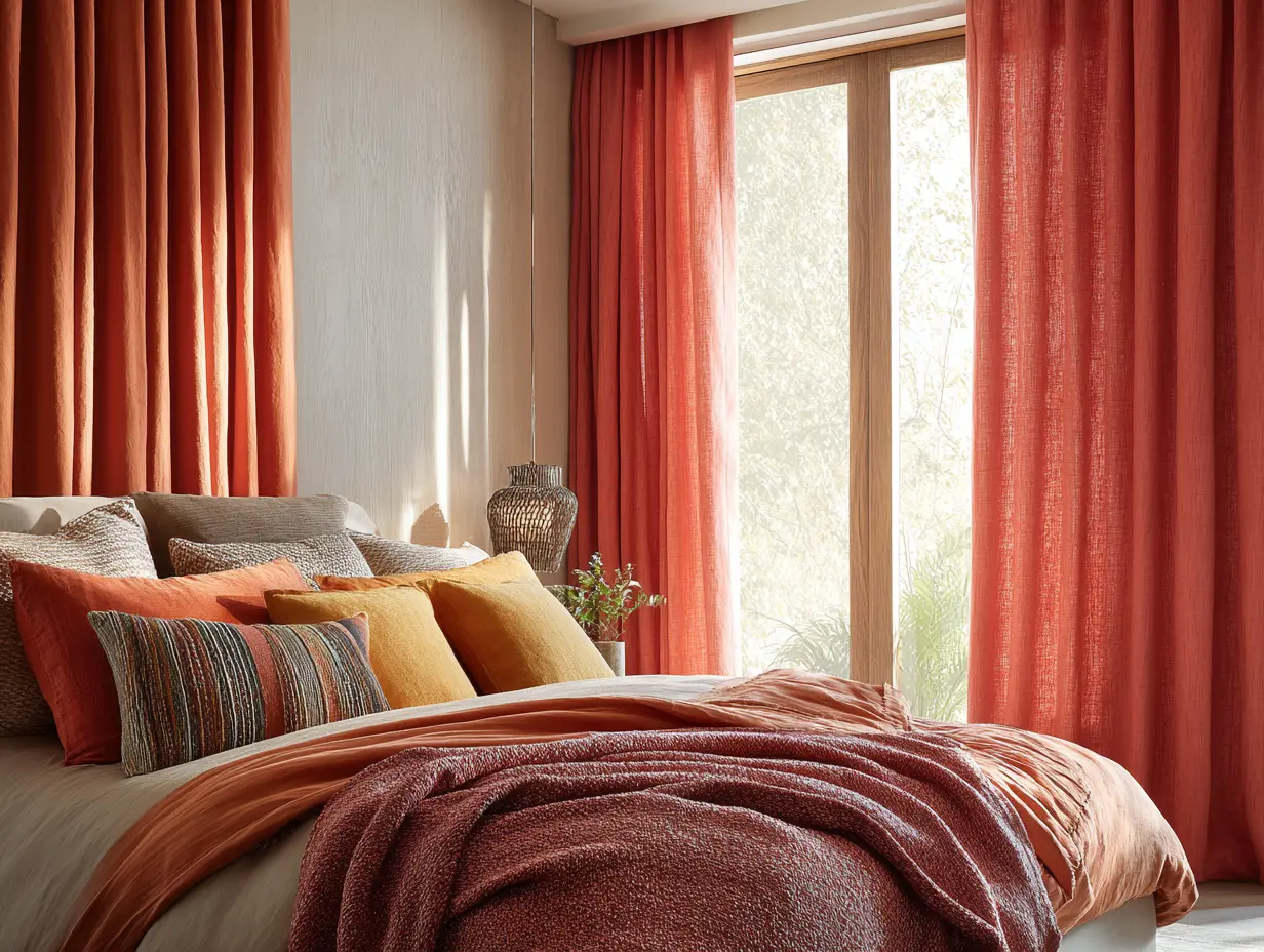 Best curtains that are floor-length- linen curtains softly filtering sunlight in a bright, modern bedroom with layered textures and wood accents.