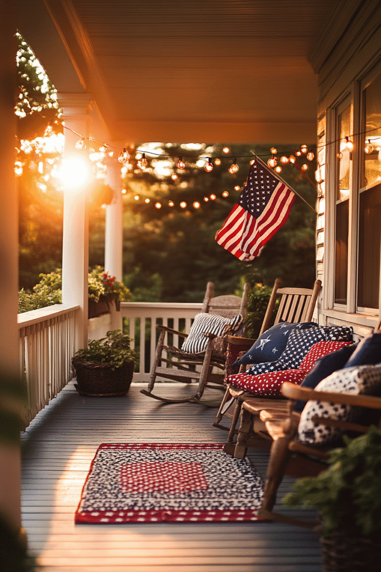 4th of July porch decor with cozy wicker seating, patriotic pillows, and a vintage-style welcome sign — pin this festive front porch idea for later!