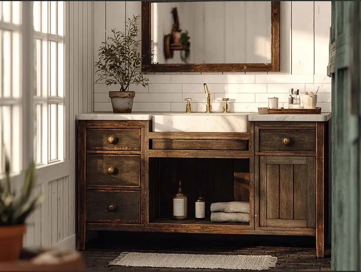 Farmhouse bathroom, lived in and cozy, small plant on countertop, with mirror.
