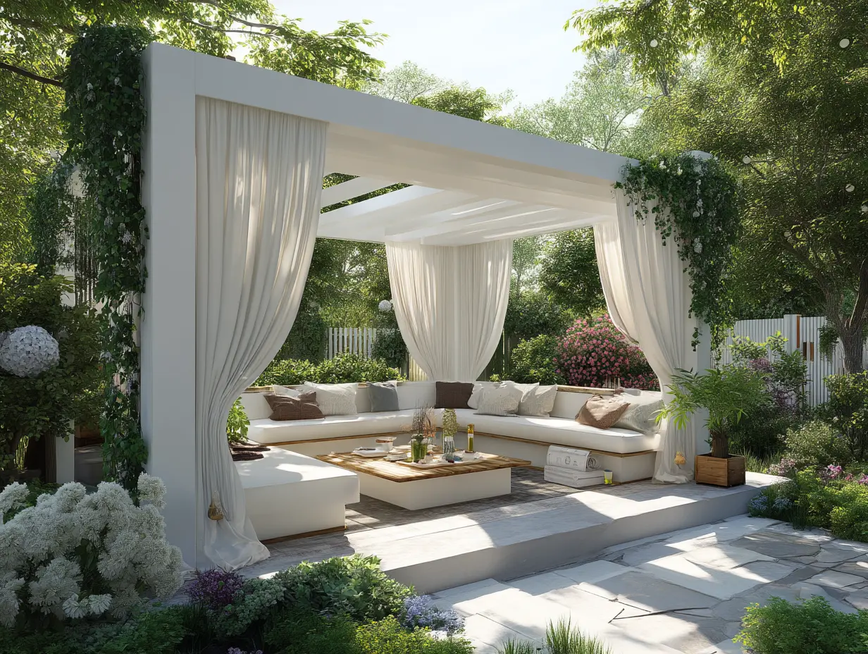 Stylish covered gazebo with hanging curtains, cozy sectional seating, and surrounding garden greenery on a sunny day