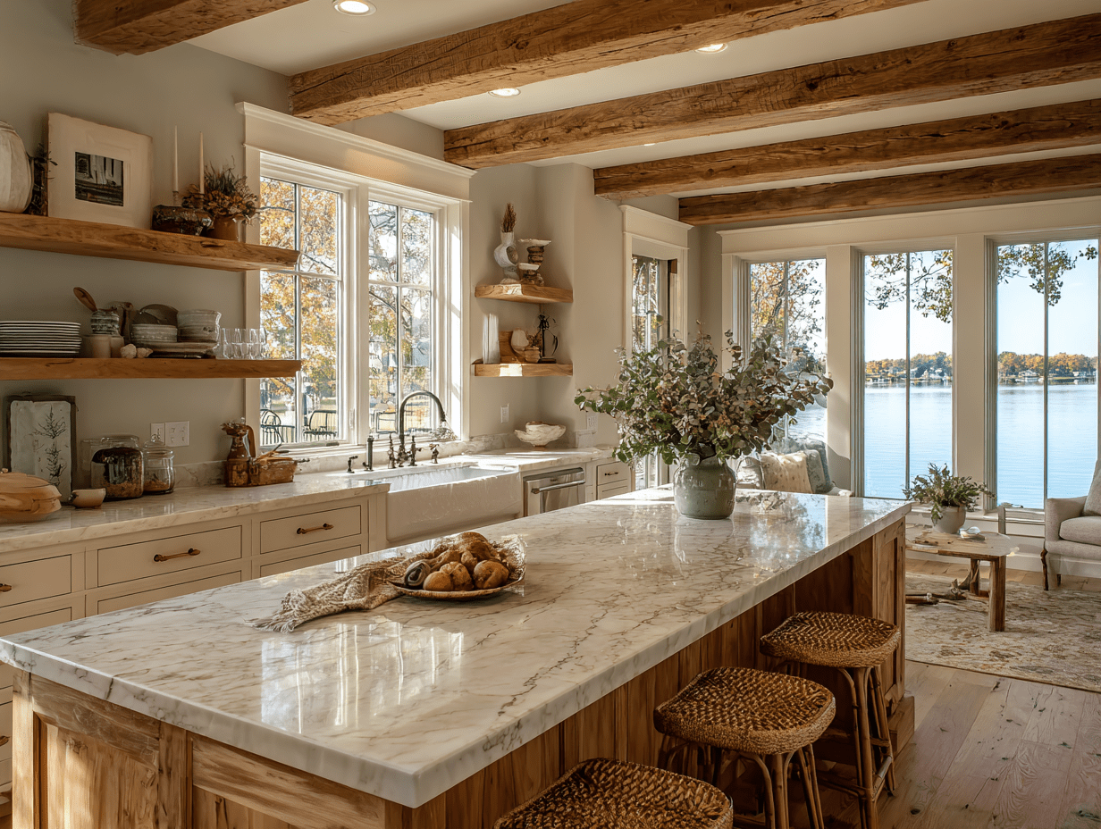 Lake house kitchen with farmhouse sink, open shelving, and seating around large island