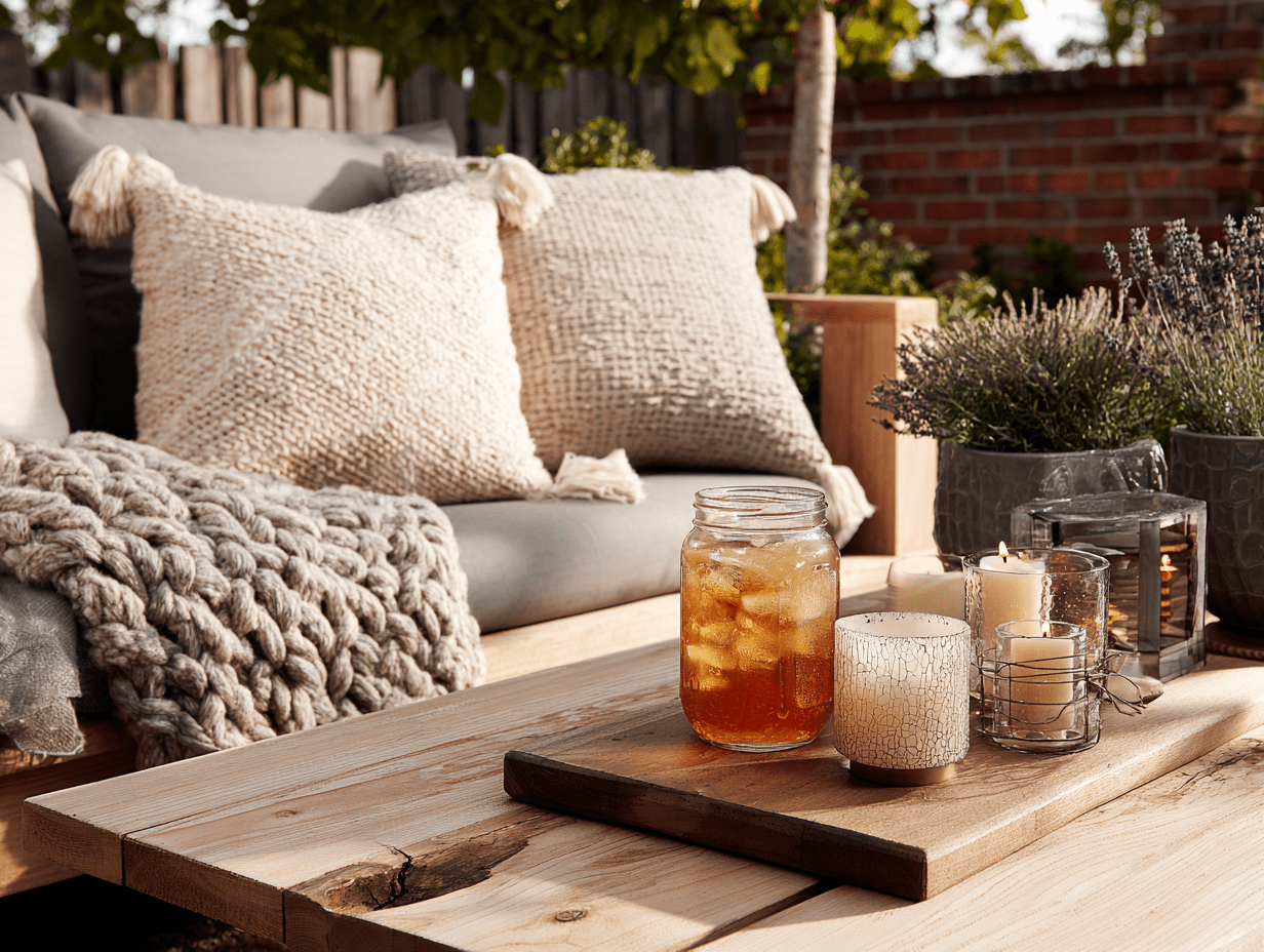Close-up of a rustic wood coffee table with candles, a mason jar of iced tea, and potted lavender, styled in front of a gray outdoor sofa with textured pillows and a chunky knit throw.