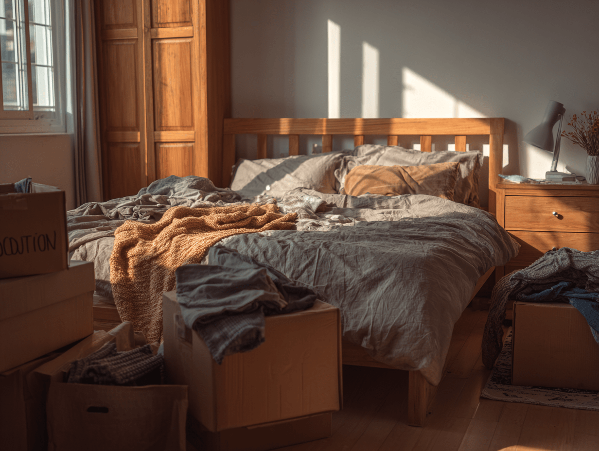 How to Declutter a lived-in bedroom with clothes on the bed, half-packed donation boxes, and a hint of progress — real, not perfect.