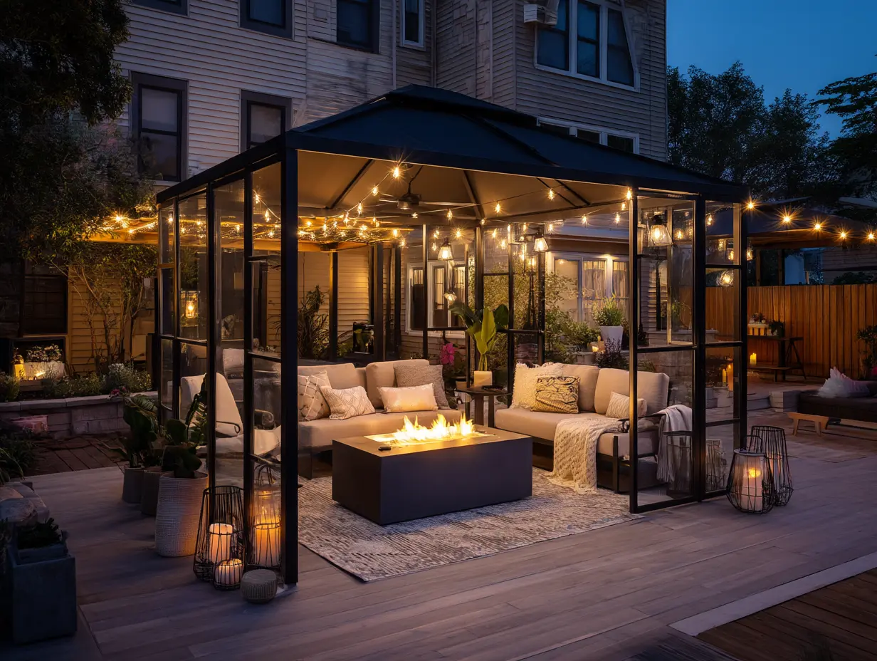 Hardtop gazebo with string lights, outdoor seating, and fire table under a modern patio.