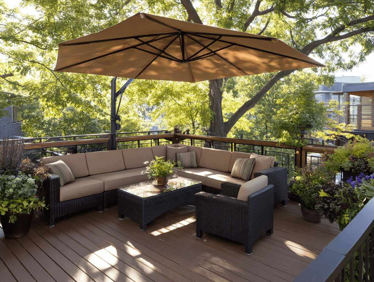 Modern backyard deck with a large tan umbrella, wicker sectional seating, and glass-top coffee table, surrounded by lush greenery and vibrant potted plants on a sunny day.