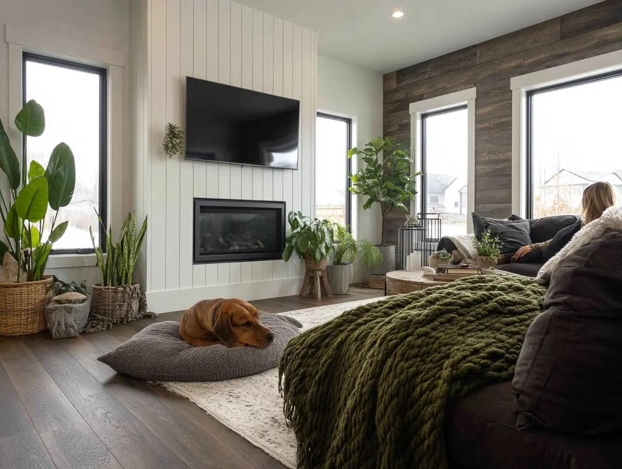 Peel-and-stick white shiplap accent wall behind with a TV hanging and a fireplace beneath.