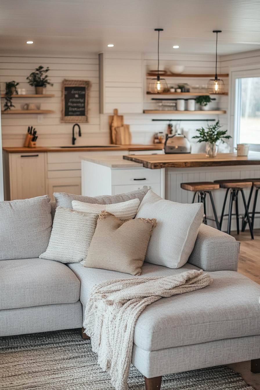 Mobile home interior with cozy open-concept living room and kitchen, neutral tones, warm lighting, and layered textures – Pin this mobile home makeover idea for later!