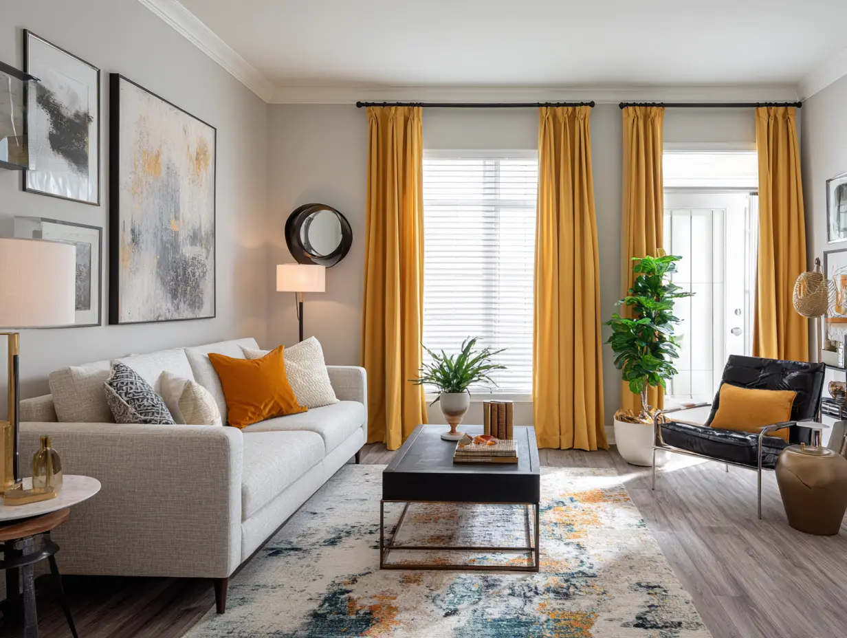 ALT: Bright, modern living room featuring textured linen-look curtains with blackout lining, styled on sleek curtain rods, adding both elegance and light control to the space.