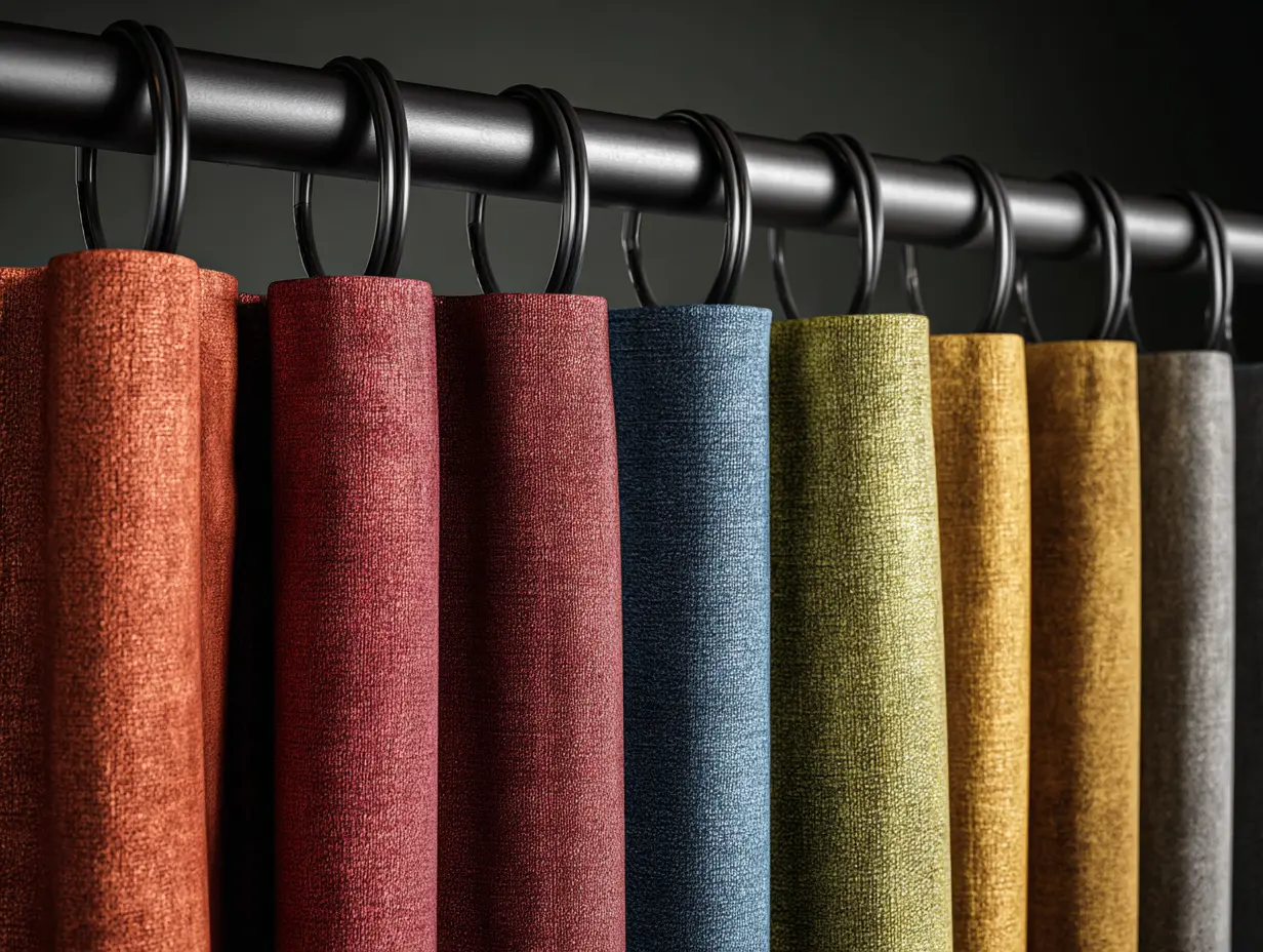 Close-up of curtain fabrics including linen, velvet, and cotton blend panels hanging on a rod, showcasing texture and weight in a soft-lit room.