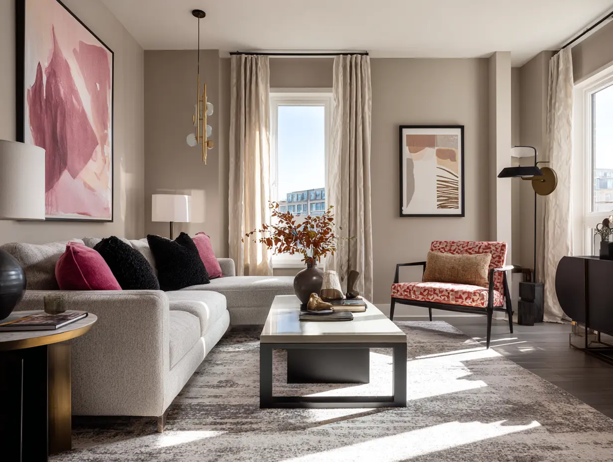 Cozy, sunlit room with neatly hung curtains in soft neutral tones, paired with stylish hardware, illustrating common curtain styles and tips from the FAQ section.