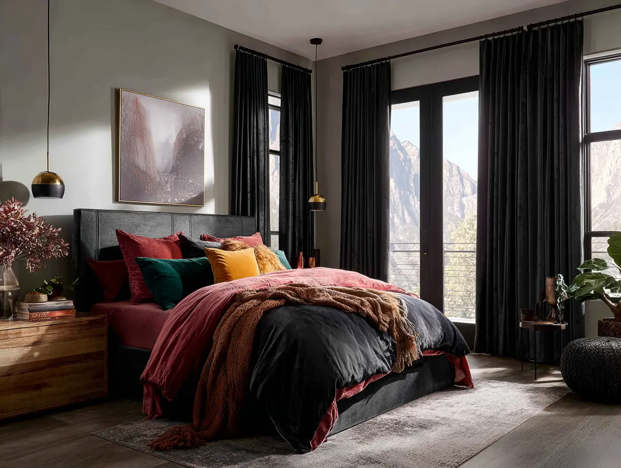 Luxurious bedroom with deep charcoal velvet light-blocking curtains, matte black curtain rod, and layered bedding for a cozy, spa-like retreat.
